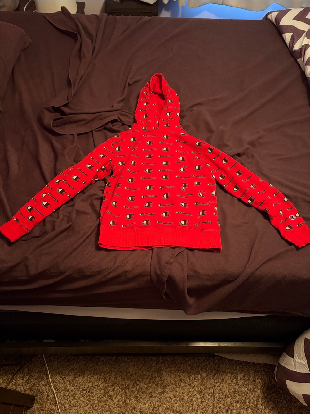 Champion Red Hoodie Sweater with All-Over Logo